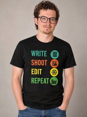 Filmmaker Tee S Write Shoot Edit Repeat Black Movie Film Graphic Shirt